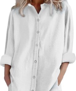 Camisas y blusas de lino para mujer, de manga larga, con botones, tallas grandes, básicas, para oficina, trabajo