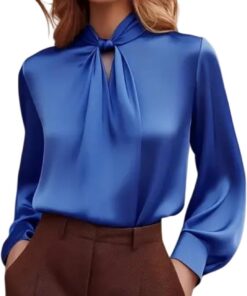 Blusas de satén para mujer, blusas de seda de manga corta, cuello alto falso, camisas de vestir informales para negocios, trabajo, oficina, 2026