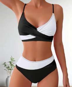 Conjunto de bikini para mujer, traje de baño de dos piezas, cuello en V, cintura alta, tirantes delgados, traje de baño