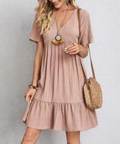 Vestidos de verano para mujer, de manga corta, cuello en V, longitud a la rodilla, plisados, con volantes, vestidos de playa
