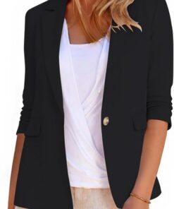 Chaquetas de verano de manga larga de algodón y lino, chaquetas con solapa con muescas, bolsillos con solapa y ventilación trasera, un botón, para mujer, trajes y blazers del Reino Unido,