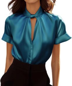 Blusas de satén para mujer, blusas de seda de manga corta, cuello alto falso, camisas de vestir informales para negocios, trabajo, oficina, 2026