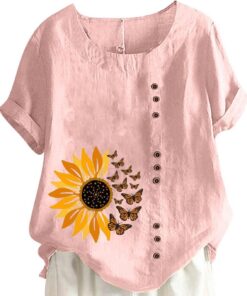 Camisa de algodón y lino con botones de verano para mujer, talla grande, con estampado floral, blusa de manga corta y cuello redondo