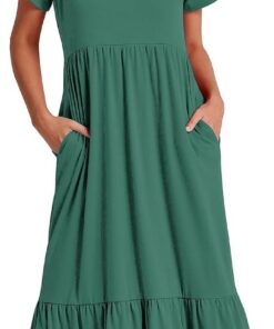 Vestido de verano de manga corta con cuello redondo, vestido largo casual con vuelo, vestido largo de playa escalonado para mujer, vestidos cómodos con bolsillos