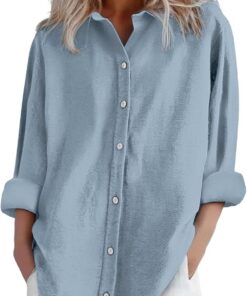 Camisas y blusas de lino para mujer, de manga larga, con botones, tallas grandes, básicas, para oficina, trabajo