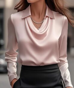 Elegante camisa de satén de color sólido para mujer con diseño de cuello en V, ajuste holgado y mangas largas, para ocasiones informales y formales