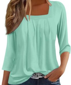 Blusas Mujer Color Sólido Blusas Informal Plisada de Mangas 3/4 con Cuello Cuadrado Blusa Suelta Camiseta Elegante Camisa Suelto Túnica Básico Tops Casual Shirt