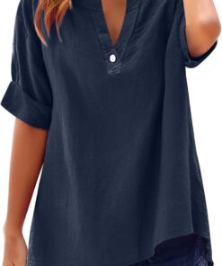 Camisas de lino para mujer, talla grande, de manga corta, con botones, para verano, casual, holgada, cómoda, de gasa de algodón