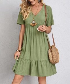 Vestidos de verano para mujer, de manga corta, cuello en V, longitud a la rodilla, plisados, con volantes, vestidos de playa