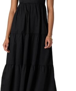 Amazon Essentials Vestido Largo Entallado y Escote Corazón con Vuelo con Capas de Satén de Algodón con Cintura de Corte Imperio Mujer