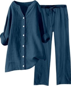 Conjunto Lino Mujer Elegante Dos Piezas Traje de Primavera Camisa Manga Larga con Botones y Pantalones Largo Piernas Anchas Chándal Ropa de Casa Casuale Color Sólido