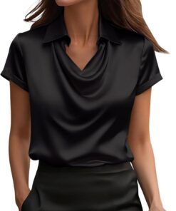 Blusas de satén para mujer, blusas de seda de manga corta, cuello en V metálico, mangas abombadas, camisas fruncidas, camisetas casuales de negocios