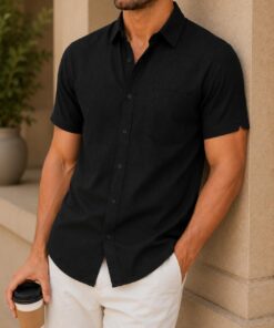 Camisa de manga corta de lino sólido para hombre, con botones, transpirable, cómoda, para verano, playa, uso diario