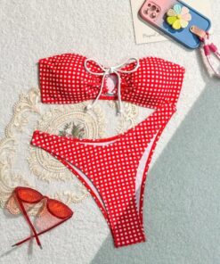 Conjunto de bikini con estampado retro a cuadros fruncidos para mujer, traje de baño de corte alto, tanga sin tirantes, traje de baño