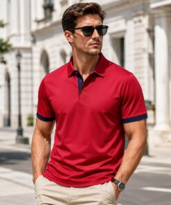 Camiseta polo para hombre, manga corta, estilo casual, para verano, diseño de color de contraste, 100% poliéster, secado rápido y ajuste cómodo