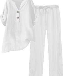 Conjunto de 2 Piezas de Lino para Mujer, Camisa y Pantalones con Botones, Casual, Holgado, para Playa, Vacaciones, Verano