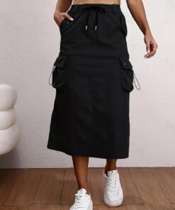 Falda larga tipo cargo Y2K para mujer, estilo casual, de cintura alta, con cordón y bolsillo lateral, ajuste entallado
