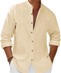 Camisas casuales de lino para hombre, manga 3/4, con botones, cuello con bandas, camisa de playa de verano