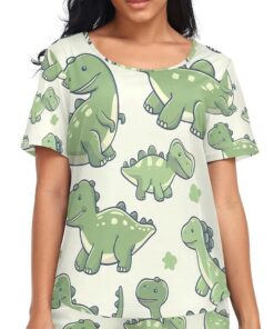Lindo conjunto de pijama corto de dinosaurios verdes para mujer, conjunto de pijama de verano para mujer
