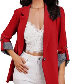 HUIFUAO - Trajes y blazers para mujer, chaquetas de traje de negocios, talla grande, cárdigan abierto al frente, manga larga, para oficina, trabajo, abrigos, ligeros, Z11 Rojo #1, XXL