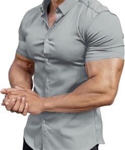 Camisa de vestir para hombre de corte atlético ajustado, realza la musculatura, manga corta, elástica, estilo informal, con botones
