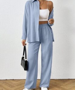 Conjunto de 2 piezas para mujer, conjunto casual de camisa de manga larga con botones y pantalones de pierna ancha, conjunto de chándal