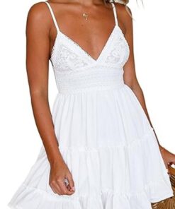 Vestidos de verano para mujer 2026 con cuello en V, tirantes delgados, lazo, espalda descubierta, sin mangas, de encaje, mini vestido de patinadora