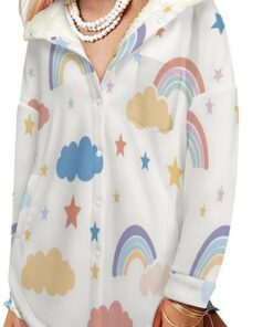 Sudadera con Capucha de Invierno Línea Simple Chaqueta de Forro Polar para Mujer Dibujos Animados Arcoíris Y Estrellas Chaqueton Borreguito Tallas Grandes Abrigo Cálido Largo con Bolsillo, Azul Claro