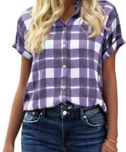 GeGekoko Blusa a cuadros para mujer, manga corta, informal, suelta, cuello en V, para botones, túnica de verano