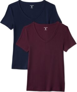 Amazon Essentials Mujer Camiseta de Cuello en Pico de Manga Corta y Ajuste Entallado
