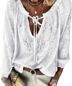 shownicer Mujer Camisas Túnica de Manga Larga Boho Blusa Camiseta de Encaje Suelta Casual Patchwork T-Shirt Tops