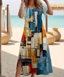 Vestido largo de manga corta para mujer, cuello redondo, casual, para vacaciones en la playa, ligero para el verano