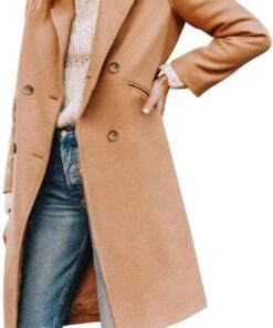 Cicy Bell Abrigo de invierno con cuello de solapa con muescas y doble botonadura para mujer, mezcla de lana, abrigos largos