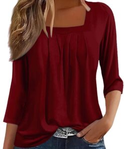 Blusas Mujer Color Sólido Blusas Informal Plisada de Mangas 3/4 con Cuello Cuadrado Blusa Suelta Camiseta Elegante Camisa Suelto Túnica Básico Tops Casual Shirt