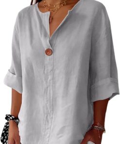 Camisas de lino para mujer, manga 3/4, botones, cuello en V, blusas informales, cómodas y transpirables, camisetas de trabajo de verano