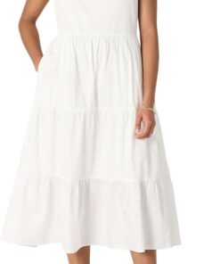 Amazon Essentials Mujer Vestido Midi, a Capas y Holgado de Satén de Algodón con Cuello Redondo