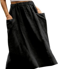 Falda midi de lino y algodón para mujer, falda de verano casual de cintura alta elástica con bolsillos, My Orders Today's Deals 2025 Sale Liquidación por debajo de la rodilla faldas para mujer
