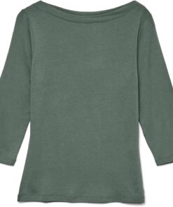 VERO MODA Camiseta elástica de Manga 3/4 para Mujer Cuello de Barco básico Top Ajustado de Manga Larga de Ajuste Regular VMPANDA
