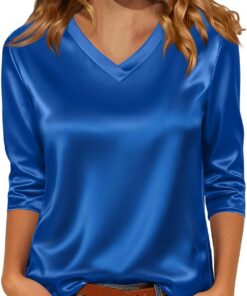 Blusas de satén para mujer, manga 3/4, de seda, cuello en V, camisas de vestir, estilo casual, holgadas, para negocios, trabajo, oficina