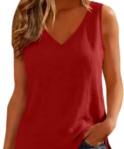 Camiseta sin mangas de mezcla de algodón y lino para mujer, cuello en V, informal, holgada, con abertura lateral, ligera, transpirable, para vacaciones y uso diario