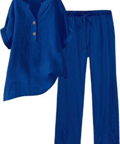 Conjunto de 2 Piezas de Lino para Mujer, Camisa y Pantalones con Botones, Casual, Holgado, para Playa, Vacaciones, Verano