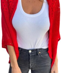 HUIFUAO - Cárdigan de punto de ganchillo de gran tamaño para mujer, elegante, parte delantera abierta, hueco, bohemio, cárdigans de otoño, manga corta, ropa de abrigo básica