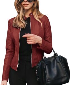 YMING Chaqueta corta de piel sintética con cremallera para mujer, abrigo corto de motociclista, para otoño, talla grande