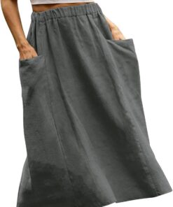 Falda midi de lino y algodón para mujer, falda de verano casual de cintura alta elástica con bolsillos, My Orders Today's Deals 2025 Sale Liquidación por debajo de la rodilla faldas para mujer