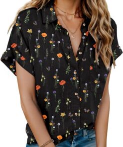 Hotouch Camisas de Mujer Camisas Casuales de Manga Corta Camisas Elegantes con Cuello en V Camisas Básicas de Color Sólido Camisas de Trabajo Tops Sueltos con Bolsillos S-XXL