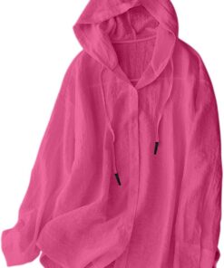 Camisas de lino y algodón con protección solar para mujer, sudadera con capucha de gran tamaño, casual, holgada, de manga larga, con botones, con capucha, para verano, playa, ligera, chaquetas