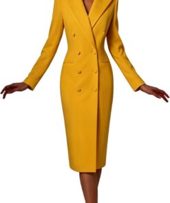 Mujeres Largo Traje Chaqueta Vestido Formal Negocios Pico Solapa Doble Pechera Botones Blazer