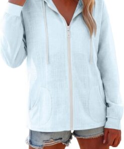 Sudadera con capucha para mujer, ligera, casual, de manga larga, con cremallera completa, de lino, para verano, playa, con bolsillo