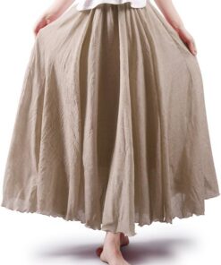 Aeslech Falda larga de lino de algodón con cintura elástica bohemia para mujer