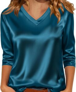 Blusas de satén para mujer, manga 3/4, de seda, cuello en V, camisas de vestir, estilo casual, holgadas, para negocios, trabajo, oficina
